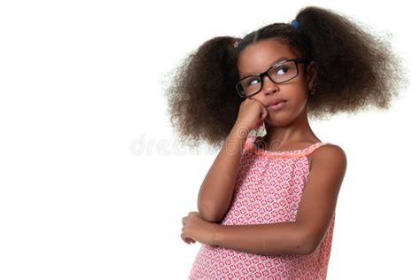 Cute African American Small Girl Wearing Glasses And Thinking Stock
