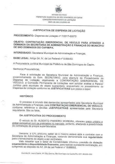 Justificativa De Dispensa Prefeitura Municipal De São Domingos Do Capim