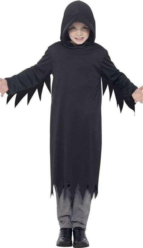 Child Boys Black Grim Reaper Hidden Face Hooded Robe Halloween Costume
