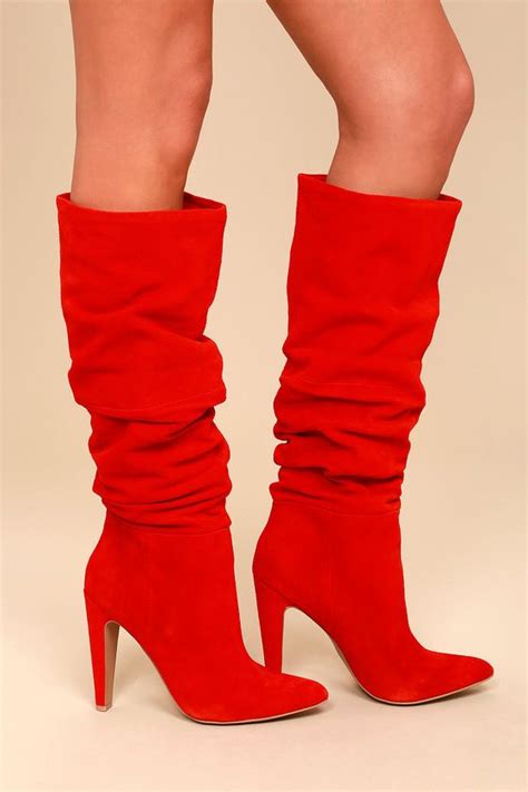 Carrie Red Suede Leather Slouchy Knee High Heel Boots High Heel Boots