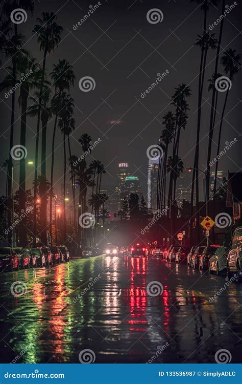 Los Angeles In The Rain At Night Stock Image Image Of Night Palm