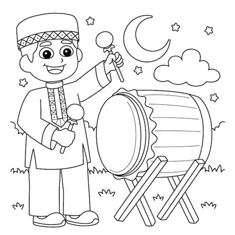 Premium Vector Ramadan Muslim Boy Playing Drum Coloring Page