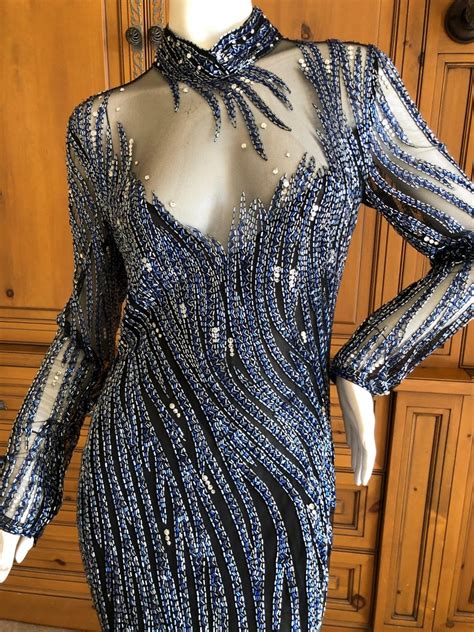 Bob Mackie Outstanding Vintage Sheer Illusion Bugle Beaded Evening Dress For Sale At 1stdibs
