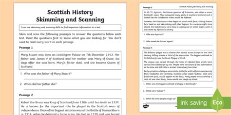 Scanning means searching for specific phrases in the text to answer some questions. Scottish History Skimming and Scanning Worksheet / Worksheet