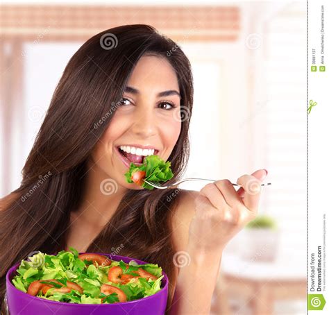 Beautiful Woman Eating Salad Stock Image Image Of Brunette Enjoying