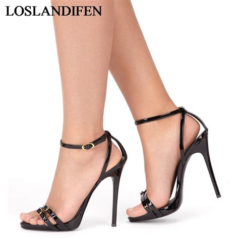 European Sexy Thin High Heels Sandals Women Temperament Patent Leather Ankle Strap Nightclub