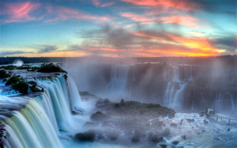 Wallpaper Iguazu Falls Argentina Brazil Border Clouds Sunset Mist