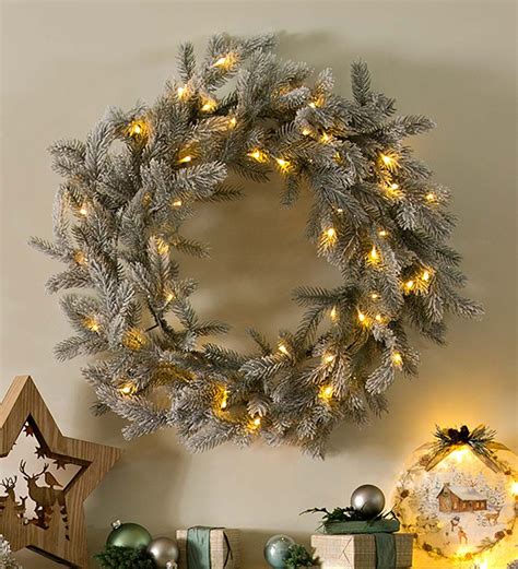 Frosted Grandis Fir Lighted Wreath Holiday Greenery Lighted Wreaths