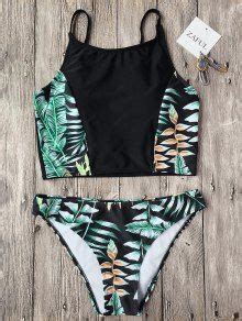 Off Cami High Neck Tropical Leaf Bikini In Black Zaful