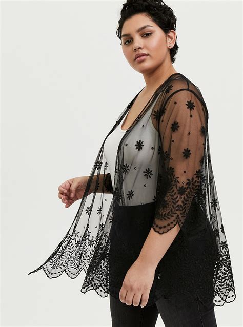 Black Embroidered Mesh Kimono Deep Black Basic Fashion Plus Size Fashion For Women Hipster