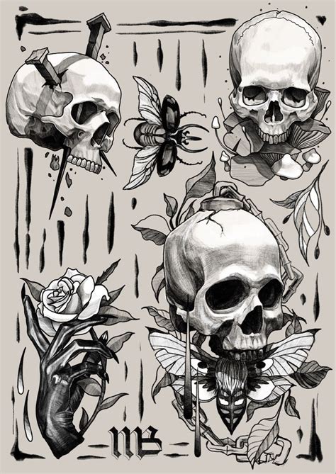 Skulls And Roses Tattoo Designs On A Gray Background