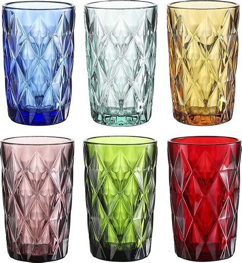 colored glass drinkware 9 ounce water glasses multi color diamond pattern set of 6