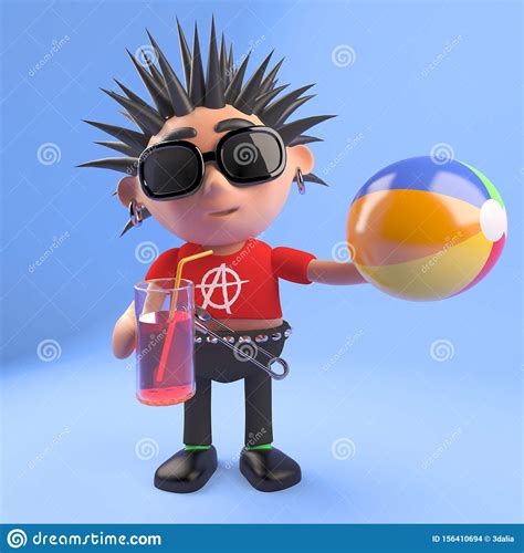 3d Punk Rock Character Drinking From A Glass And Holding A Beach Ball
