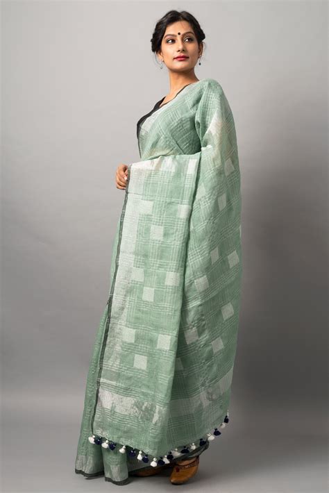 Linen Silk Stunning Mint With Light Checks And Chic Block Work Pallu