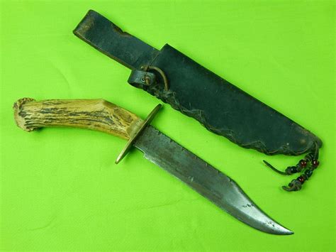 Antique Old Custom Handmade Stag Handle Bowie Fighting Knife W Sheath