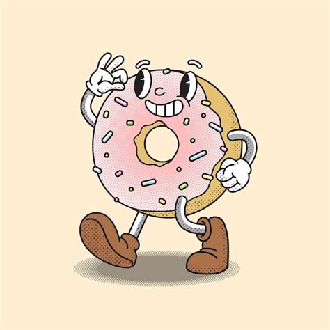 Retro Cartoon Stijl Een Donut Getekend In De Stijl Van Oude Tekenfilms Gaat Elkaar Ontmoeten