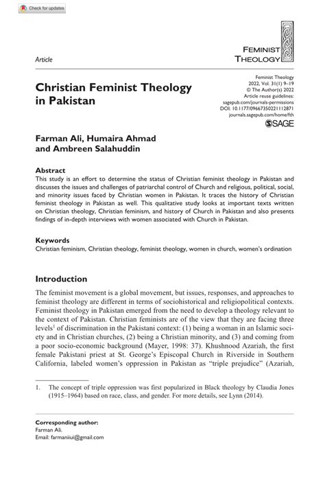 Pdf Christian Feminist Theology In Pakistan