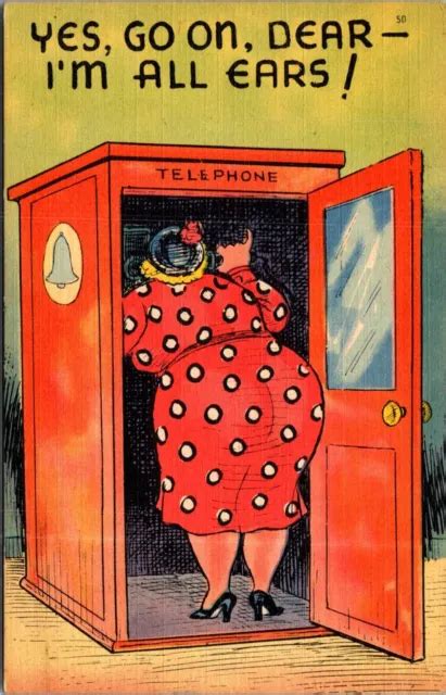 Risque Comic Postcard Fat Woman Bbw Big Butt In Phone Booth Linen S