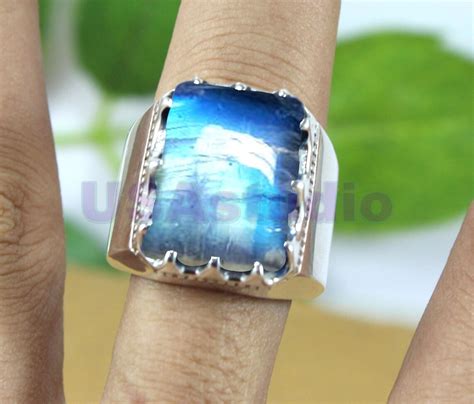 Rainbow Moonstone Ring Mens Gemstone Ring Solid 925 Sterling Etsy