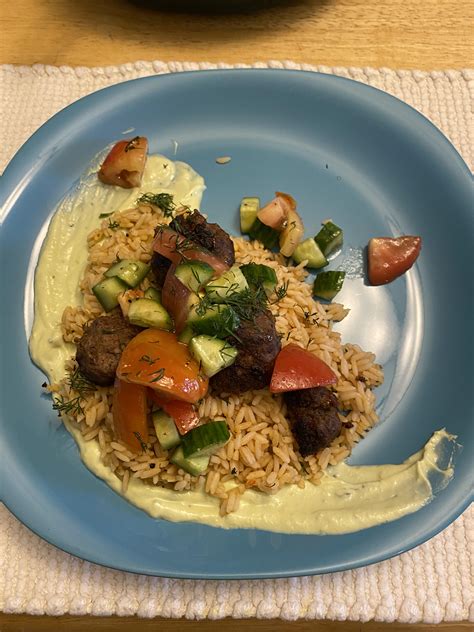 Beef Meatball Mezze Platter Over Spiced Rice W Chopped Salad And Avocado