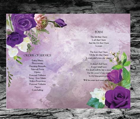 Funeral Program Template Violet Purple Roses Memorial Etsy