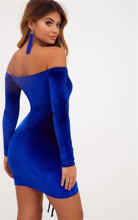 Blue Velvet Bardot Long Sleeve Ruched Bodycon Dress Ruched Bodycon