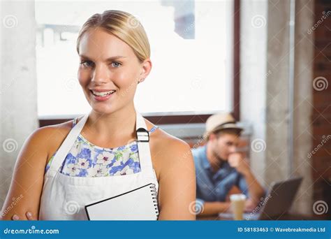 Smiling Blonde Waitress Posing In Front Of Customer Stock Image Image