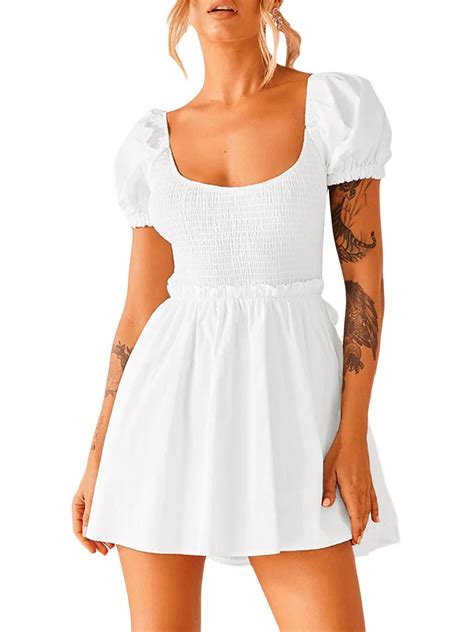 Eyicmarn Summer Mini Dress Short Puff Sleeve Open Back Solid Color