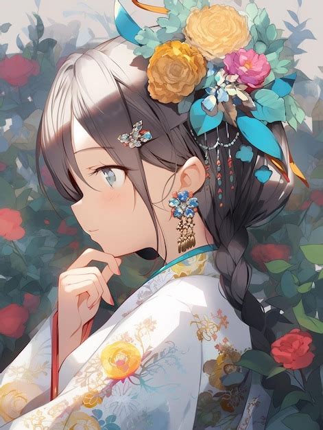 Premium Ai Image Anime Girl With Flower Crown In Front Of Flowers
