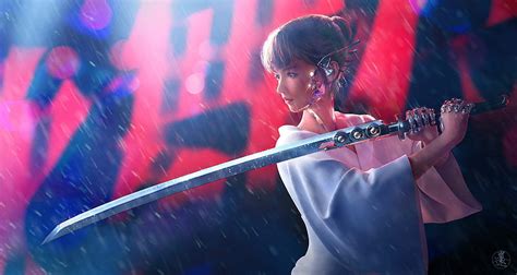 1920x1080px 1080p Free Download Samurai Girl Pink Sword Blue