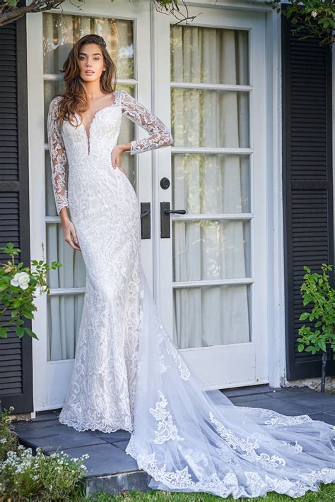 F221066 Elegant Long Sleeve Fit And Flare Gown With Plunging Neckline
