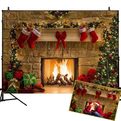 Christmas Tree Backdrop Fireplace Photo Background White Brick Wall