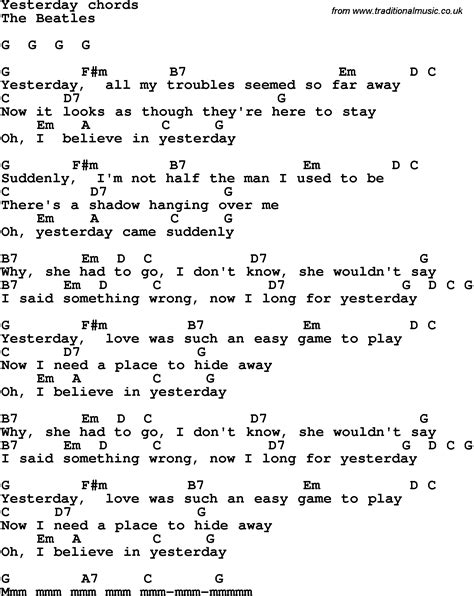 Song Lyrics With Guitar Chords For Yesterday The Beatles
