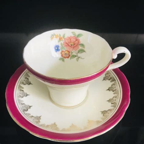 Aynsley Tea Cup And Saucer Corset Raspberry Rims Floral Inside Heavy