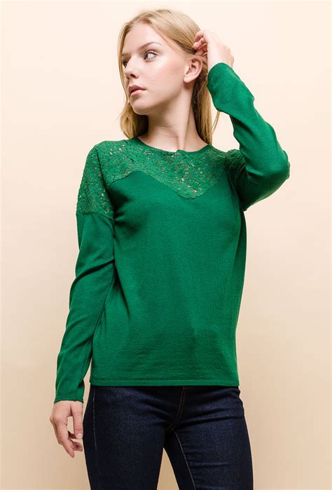 Nouveau pull femme original de modèle pull rose naturel en laine mérinos avec manches longues. Pull vert foncé détails en dentelle - Lora