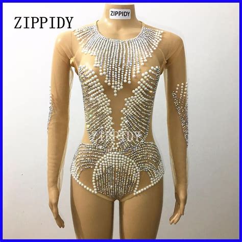 Sparkly Pearls Crystals Costume Bodysuit Performance Mash Outfit Party Celebrate Leotard Glisten