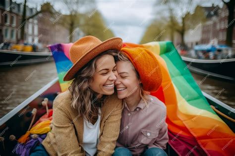 Premium Ai Image Beautiful Lesbian Couple In A Boat In Amsterdam Celebrating Lgbtq Pride With