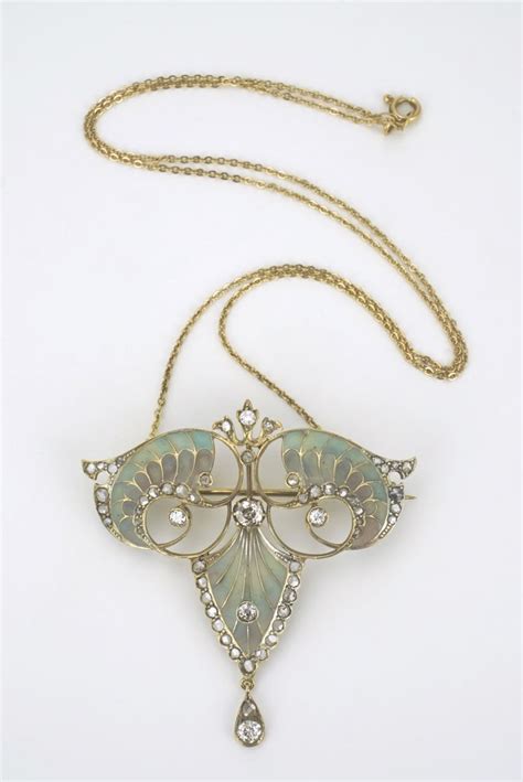 Art Nouveau 18k Gold Diamond And Plique à Jour Brooch Pendant Necklace