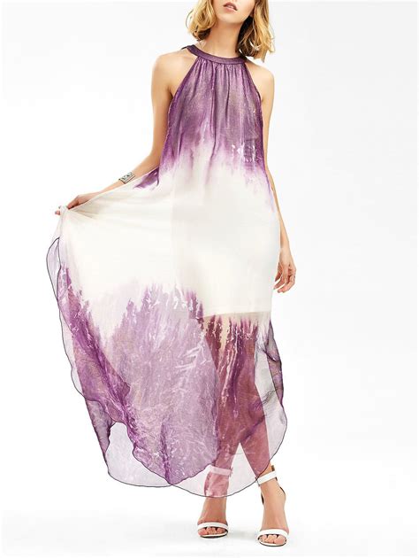 White Purple M Side Slit Sleeveless Maxi Flowing Dress