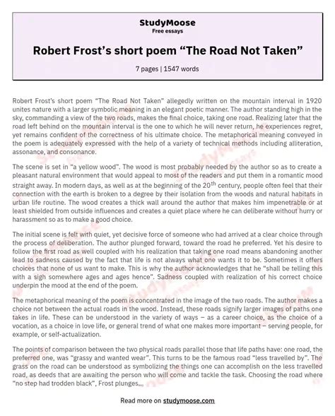 Robert Frosts Short Poem The Road Not Taken Free Essay Example