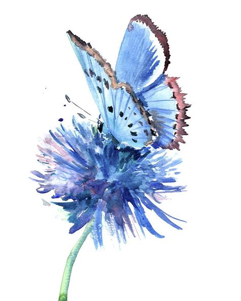 Butterfly Painting Blue Butterfly And Blue Flower By Suren Nersisyan