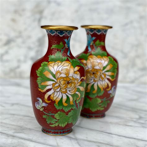 Vintage Chinese Brass Floral Motif Painted Urn Vase A Pair Scranton