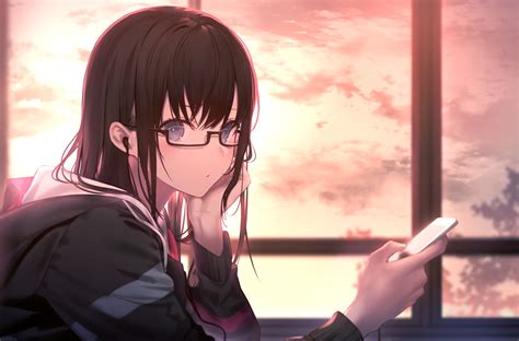 Original Characters Dark Hair Anime Anime Girls Smartphone Glasses