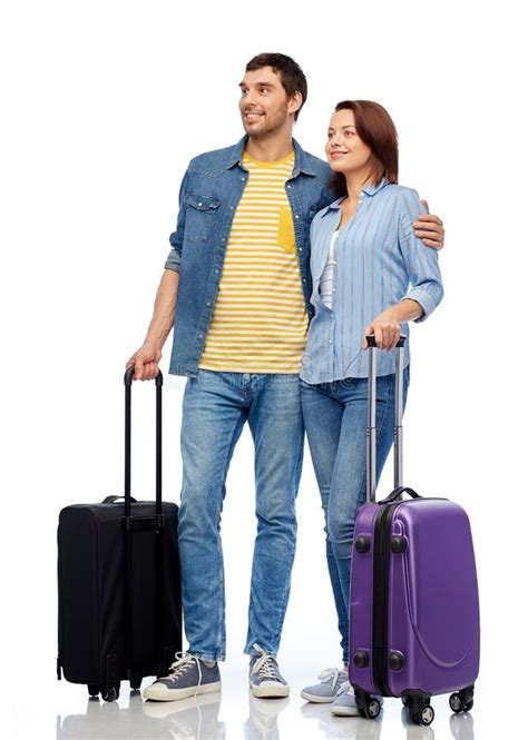 Happy Couple Of Tourists With Travel Bags Stock Photo Image Of Trip