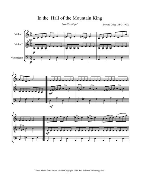 Grieg In The Hall Of The Mountain King Sheet Music For Violins