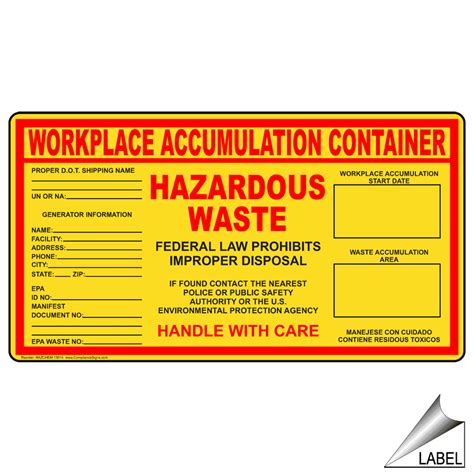 Workplace Accumulation Container Proper Label Hazchem Hazmat
