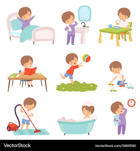 Preschool Kid Daily Routine Activities Set Cute Vector Image
