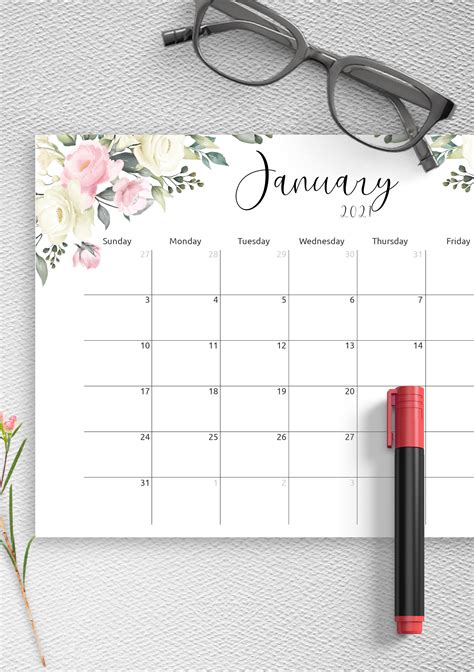 Download Printable Floral Design Monthly Calendar PDF