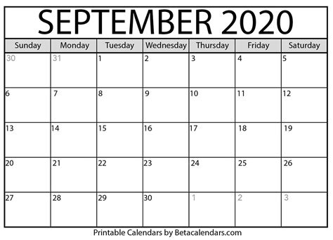 Printable September 2020 Calendar Beta Calendars