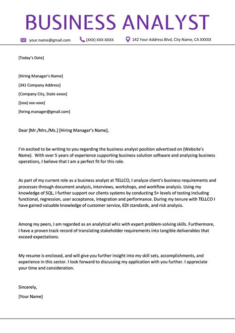 good cover letter examples business analyst business